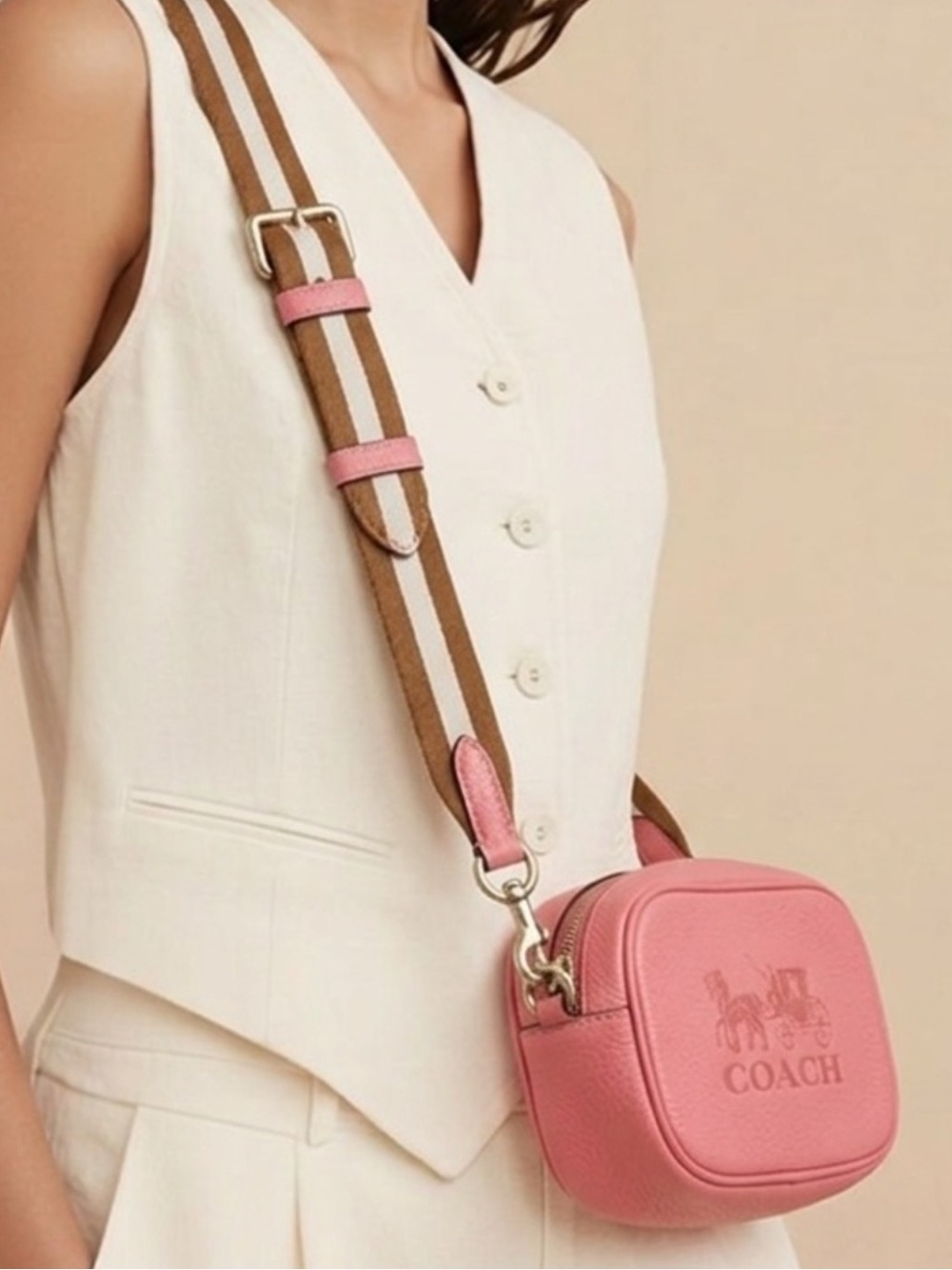 Coach Pink Pebbled Leather Convertible Crossbody Bag Belt Bag with Striped Strap
